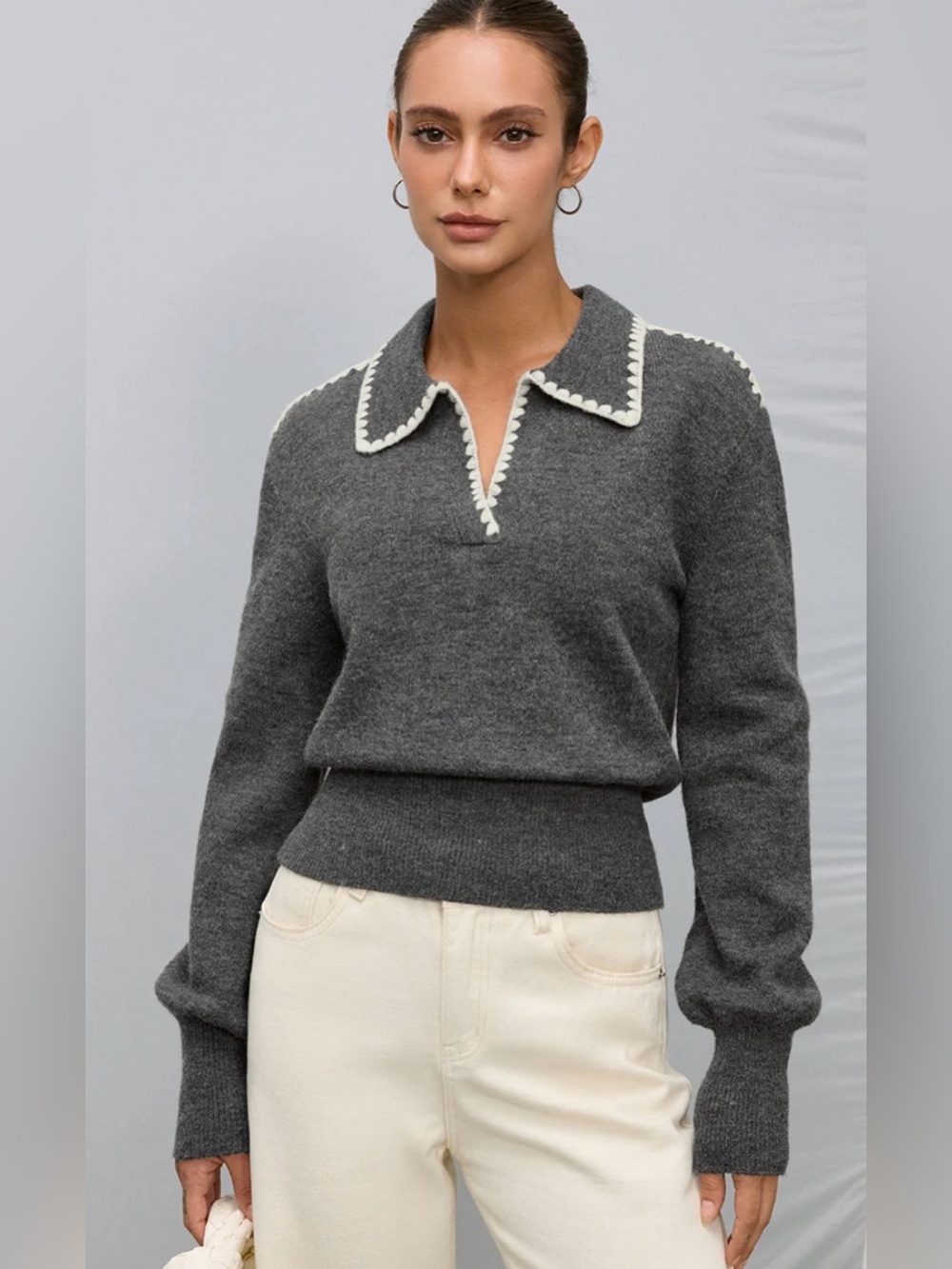 NWT Commense Contrast Embroidered Trim Polo Sweater S